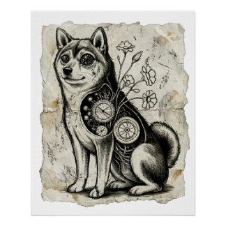 Póster Clockwork Shiba – Gothic Overthinking Dog Art