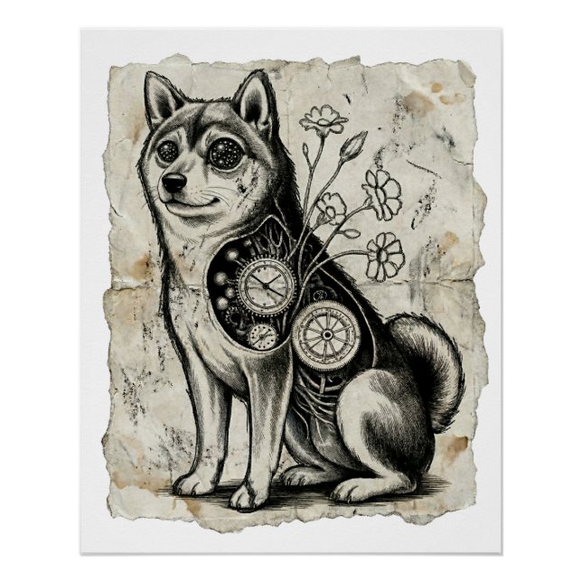 Póster Clockwork Shiba – Gothic Overthinking Dog Art (Anverso)