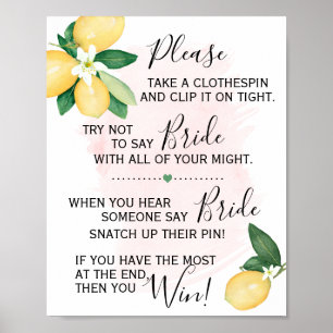 Póster Clothespin Bridal Shower Game Lemons Rosa