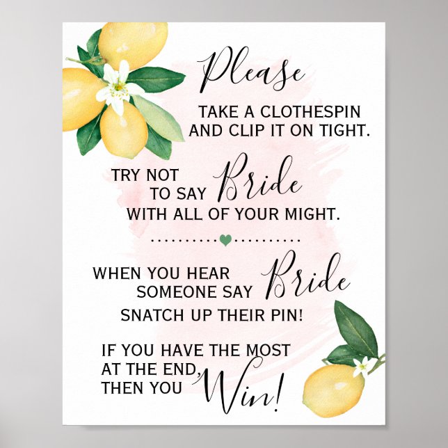 Póster Clothespin Bridal Shower Game Lemons Rosa (Frente)