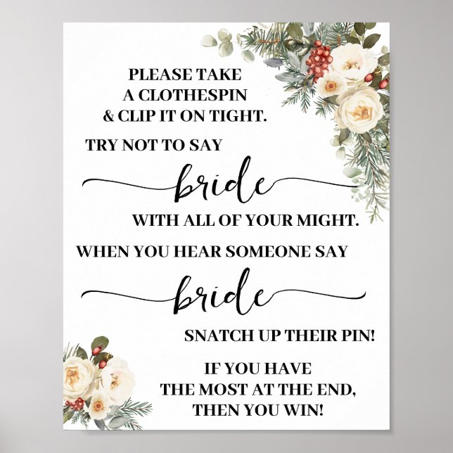 Póster Clothespin Winter White Floral Bridal Shower Game (Frente)