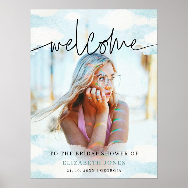 Póster Cloud 9 Blue and White Bridal Shower Foto de bienv (Frente)