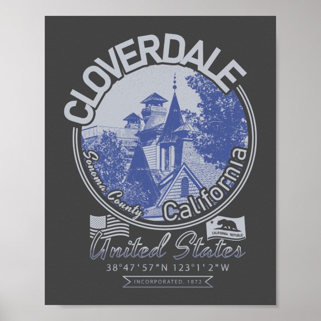 PÓSTER CLOVERDALE SONOMA CALIFORNIA - CIUDAD DE CLOVERDAL (Frente)