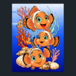 Póster Clown fish Cartoon cute Family Underwater<br><div class="desc">Cute and Joyful little Clownfish Cartoon Characters swimming together on underwater Coral Reef Background. Original Vector Illustration Copyright BluedarkArt.</div>