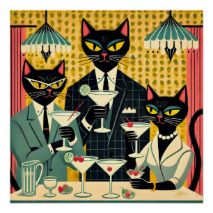 Póster Club de Martini de Gato Negro Retro Futurista