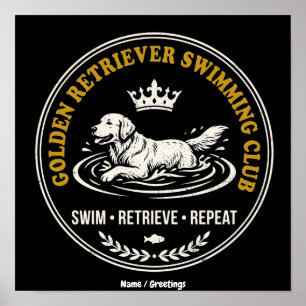 Póster Club Retro de Natación de Golden Retriever Vintage