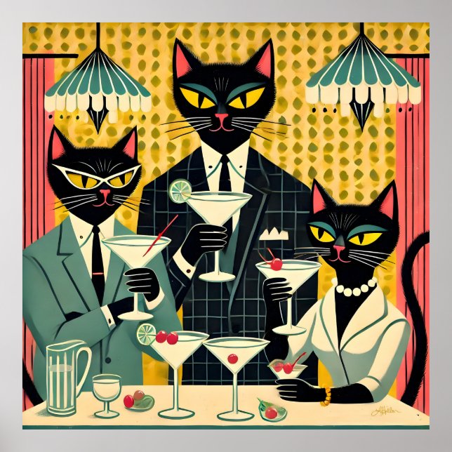 Póster Club Retro Futurista Black Cat Martini (Frente)
