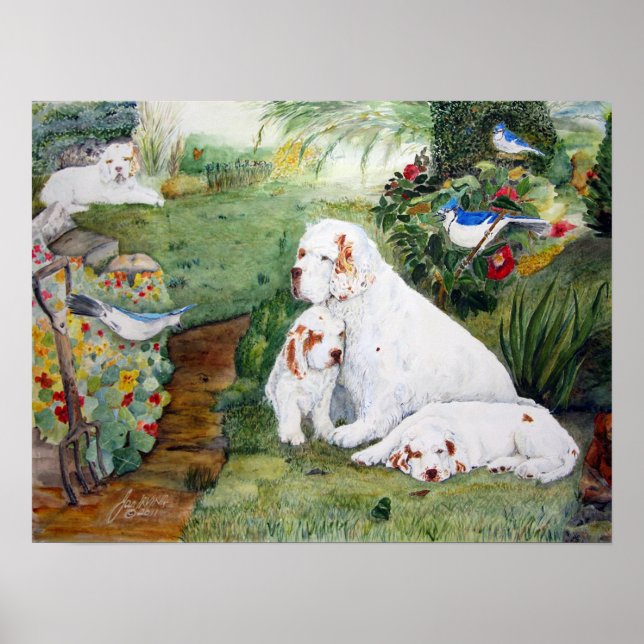 Póster Clumber Puppies in the Garden, Watercolor Reproduc (Frente)