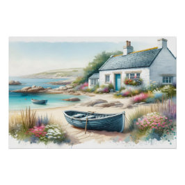 Póster Coastal Cottage Watercolor Seaside Scene