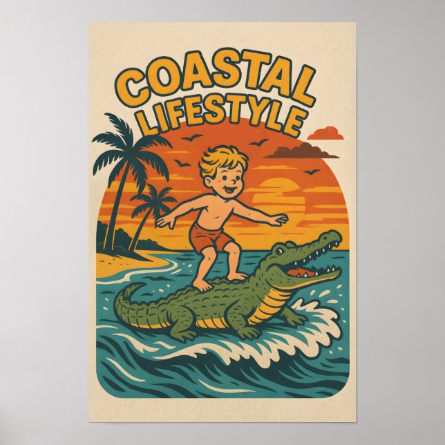 Póster Coastal Lifestyle Gator Surfing - Retro Surf Beach (Frente)