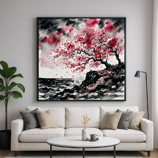 Póster Coastal Sakura - Watercolor Style Cherry Blossoms