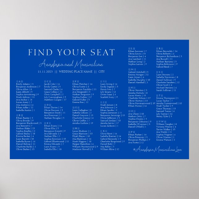 Póster Cobalt Blue Wedding Alphabetical Seating Chart (Frente)