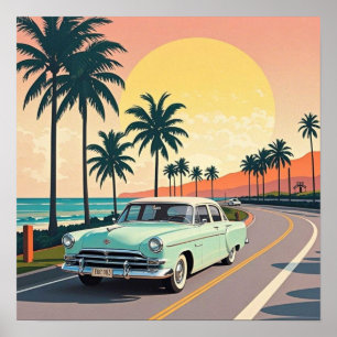 Póster Coche antiguo de estilo retro en una carretera cos