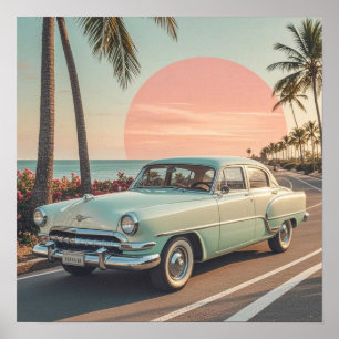 Póster Coche antiguo de estilo retro en una carretera cos