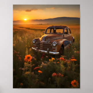 Póster Coche Antiguo en un Campo al Atardecer