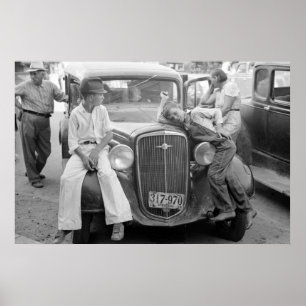 Póster Coche antiguo, familia de la Gran Depresión, los