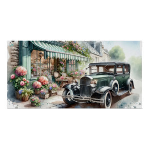 Póster Coche Antiguo y Encantadora Floristería Acuarela