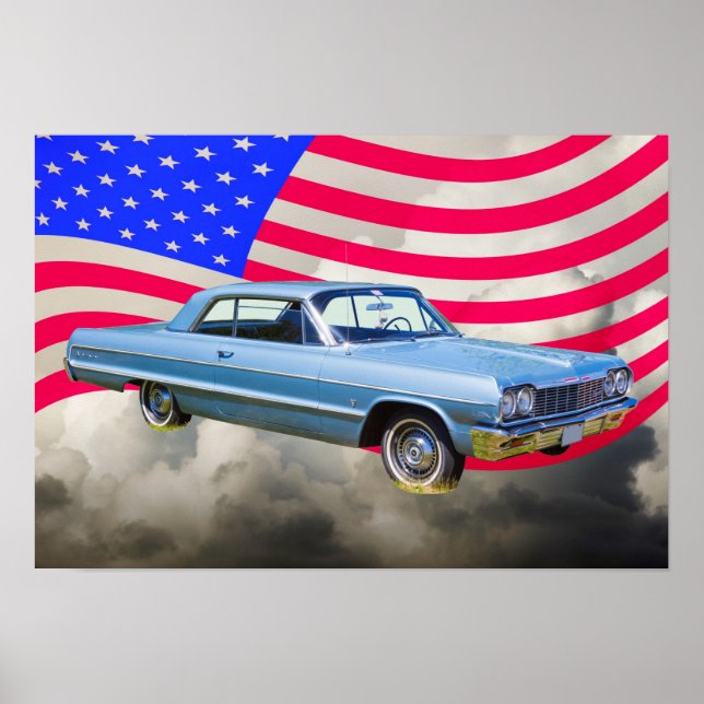 Póster Coche Chevrolet Impala Y Bandera Estadounidense De (Frente)