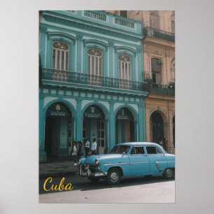 Póster Coche clásico vintage azul verdoso antiguo La Haba