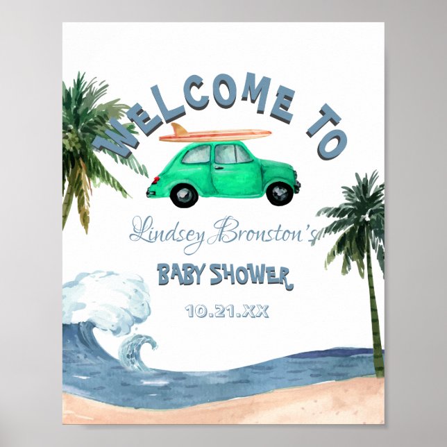 Póster Coche Coconut Tree Blue Beach Baby Shower (Frente)