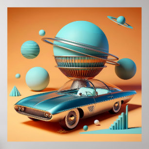 Póster Coche crucero con vista al cielo futurista atómico