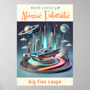 Póster Coche cupé atómico futurista con aletas grandes