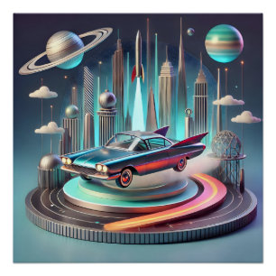 Póster Coche cupé atómico futurista de aletas grandes