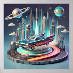 Póster Coche cupé atómico futurista de aletas grandes