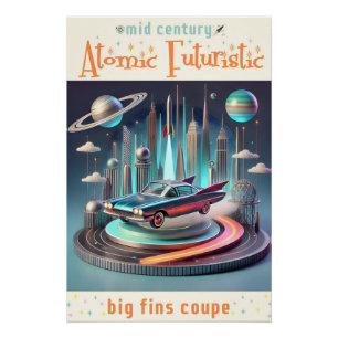 Póster Coche cupé de grandes aletas futuristas atómicas
