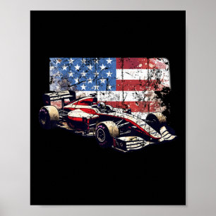Póster Coche de carreras antiguo bandera americana 4 de j