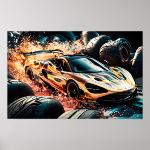 Póster Coche de carreras deportivo Flame Gold Drifting #3