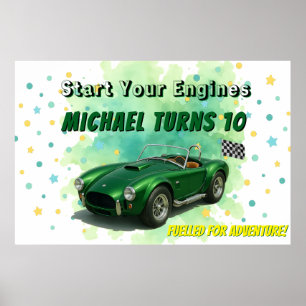 Póster Coche de Carreras verde de fiesta de cumpleaños de