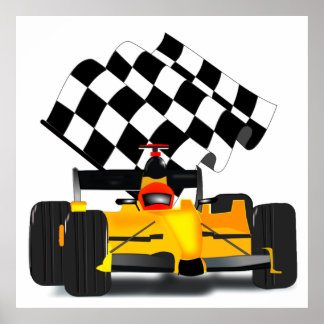 Póster Coche de raza amarilla con bandera verificada