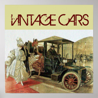PÓSTER COCHE DE VENTAJA CON ELEGANTES DAMAS CLÁSICA AUTO 