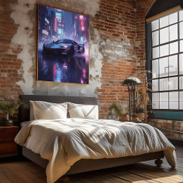 Póster Coche deportivo cromado en Ciudad Neón Cyberpunk d