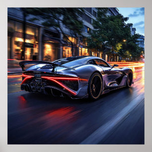Póster Coche deportivo negro elegante noche ciudad veloci