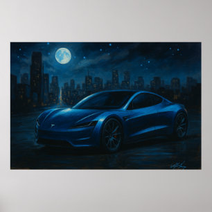Póster Coche Eléctrico Aerodinámico Bajo Luna Llena