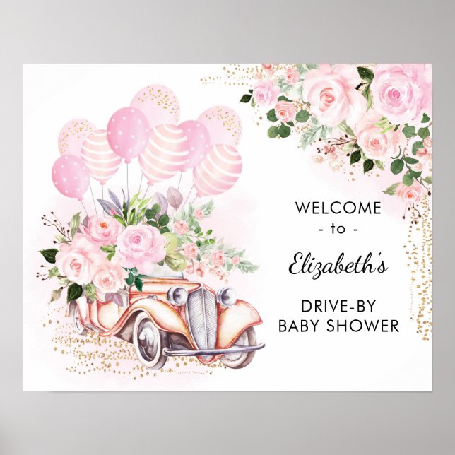 Póster Coche Floral Rosa Con Bienvenida De Baby Shower (Frente)