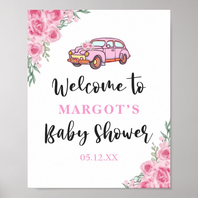 Póster Coche Floral Rosa De La Bienvenida De Rosa De Baby (Frente)