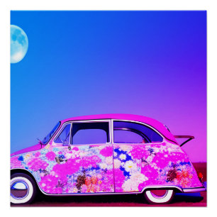Póster Coche floral rosa púrpura azul cielo lunar azul ar