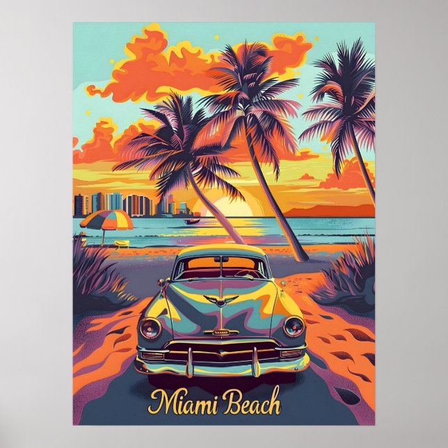 Póster Coche Miami Beach Vintage (Frente)