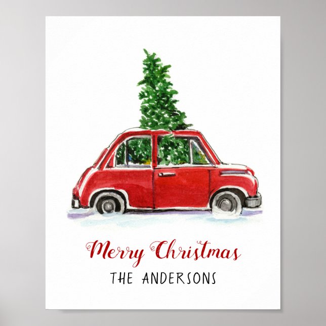 Póster Coche rojo con Poster de árbol de Navidad (Frente)