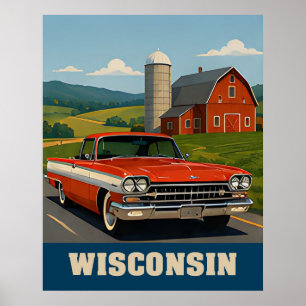 Póster 🌾 Coche Rojo Vintage Granja Casa de Campo Viajes