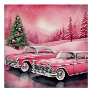 Póster Coche rosa retro vintage