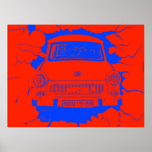 Póster Coche trabante y muro de Berlín rojo/azul