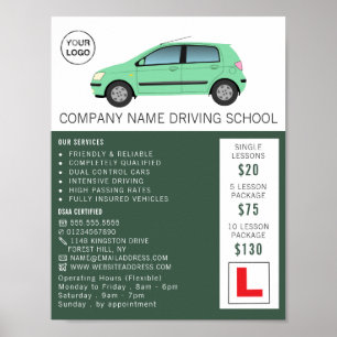 Póster Coche verde moderno, escuela de conducción, instru
