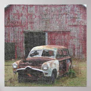 Póster Coche viejo y granero viejo
