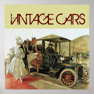 Póster COCHE VINTAGE CON SEÑORAS ELEGANTE AUTO CLÁSICO Cr