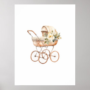 Póster Cochecito de bebé vintage con ramo floral