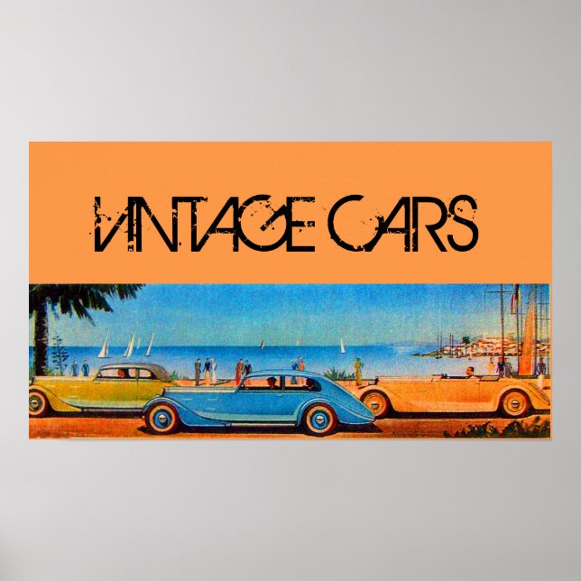 PÓSTER COCHES DE VINTAJE AZUL AMARILLO EN LA CARRETERA DE (Frente)
